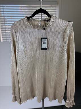 Adrianna Papell Metallic Pleated Neck Blouse in Champagne